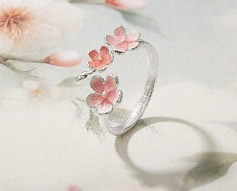 Cincin Bunga Sakura Perak 999 Cincin Fashion yang Dapat Disesuaikan dan Diubah Ukurannya Silver 999 Sakura Flower Ring Adjustable Resizable Fashion Ring
