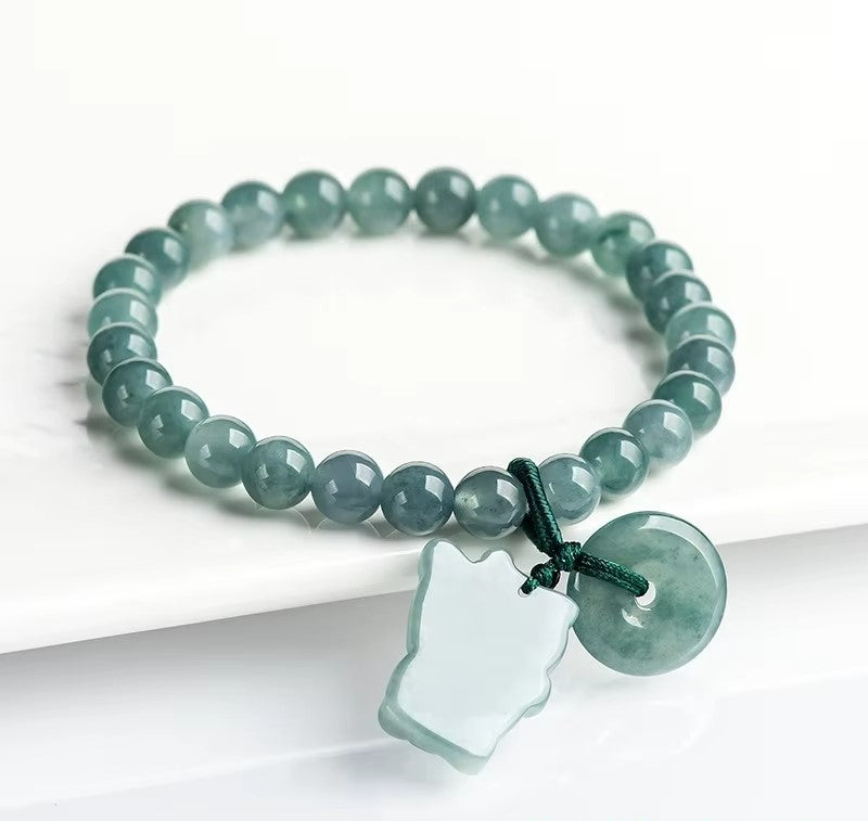 Gelang Giok Guatemala dengan Dekorasi Indah, Giok Jadeite Asli Grade A 6,5mm Guatemala Jade Bracelet With Beautiful Decoration Original Jadeite Jade Grade A 6.5mm