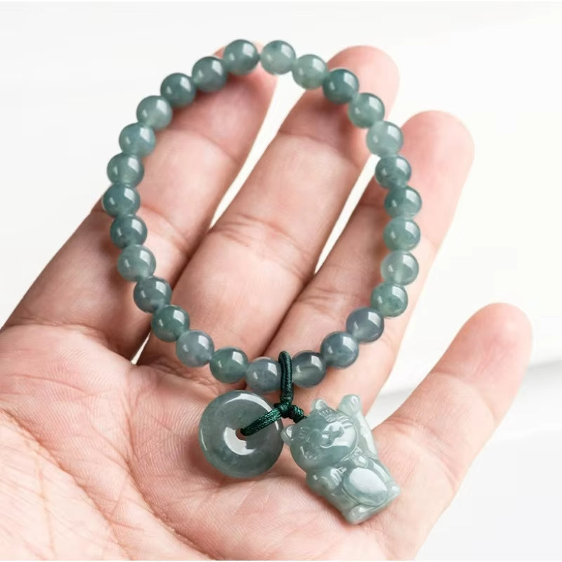 Gelang Giok Guatemala dengan Dekorasi Indah, Giok Jadeite Asli Grade A 6,5mm Guatemala Jade Bracelet With Beautiful Decoration Original Jadeite Jade Grade A 6.5mm