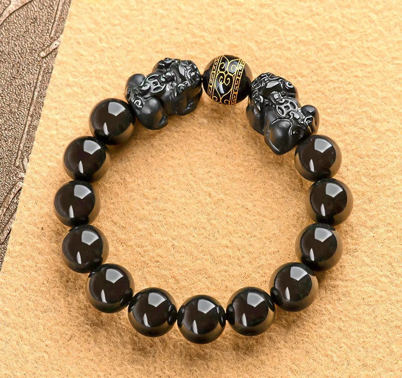 Gelang Giok Hitam Mocui Double Pixiu Burma Myanmar Jadeite 10mm Black Jade Mocui Double Pixiu Burma Myanma Jadeite Jade Bracelets 10mm