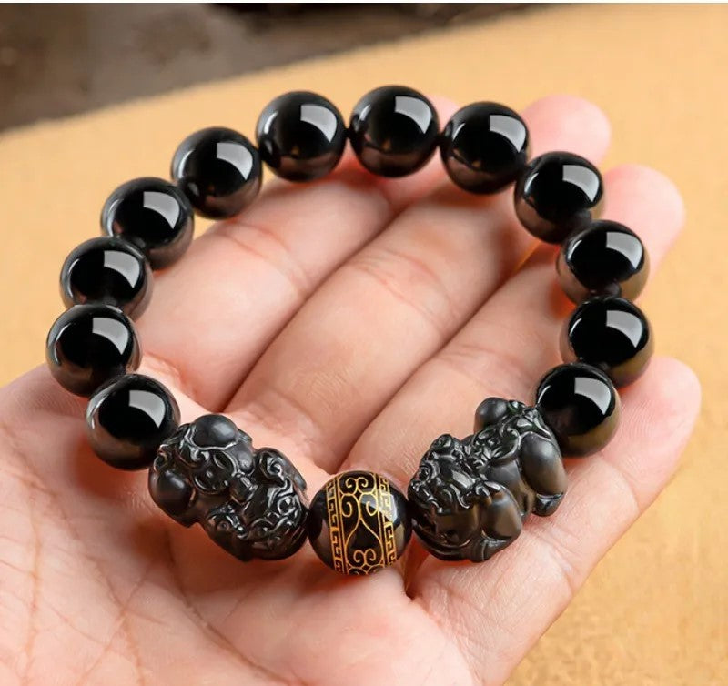 Gelang Giok Hitam Mocui Double Pixiu Burma Myanmar Jadeite 10mm Black Jade Mocui Double Pixiu Burma Myanma Jadeite Jade Bracelets 10mm