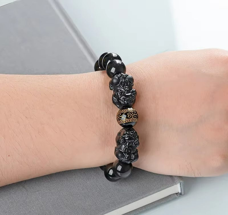 Gelang Giok Hitam Mocui Double Pixiu Burma Myanmar Jadeite 10mm Black Jade Mocui Double Pixiu Burma Myanma Jadeite Jade Bracelets 10mm