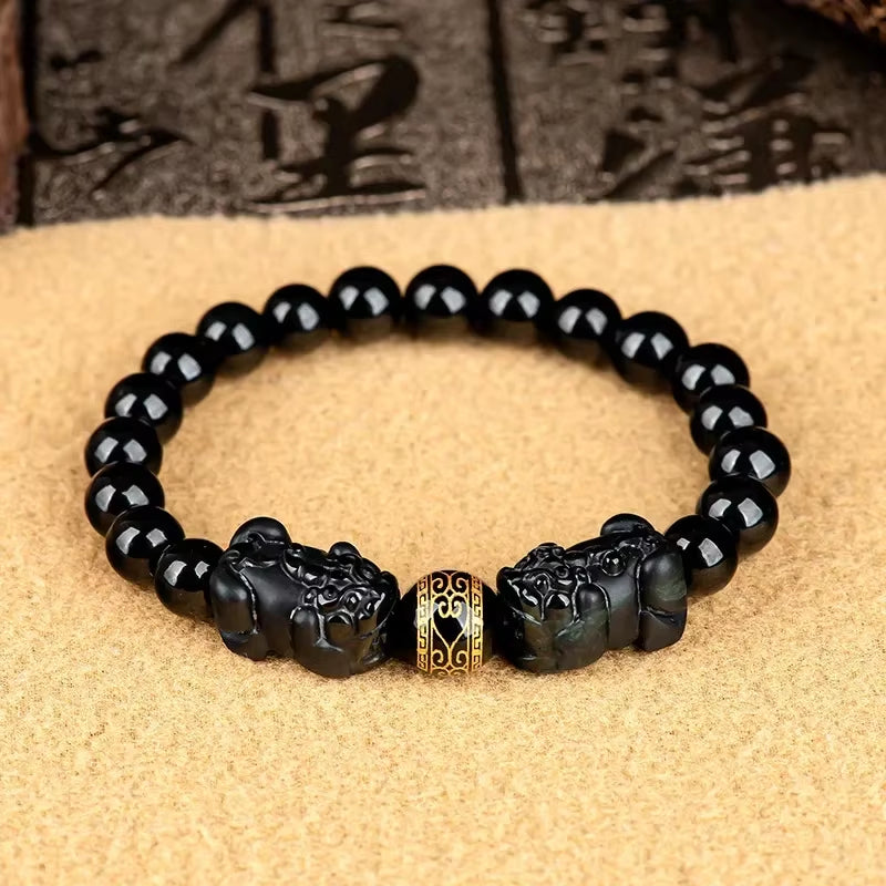 Gelang Giok Hitam Mocui Double Pixiu Burma Myanmar Jadeite 10mm Black Jade Mocui Double Pixiu Burma Myanma Jadeite Jade Bracelets 10mm