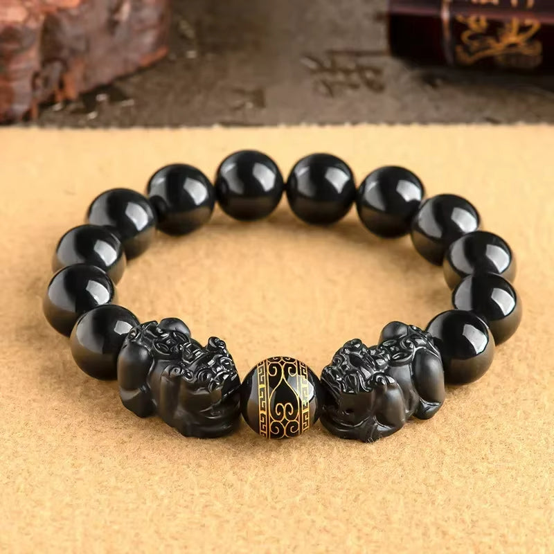 Gelang Giok Hitam Mocui Double Pixiu Burma Myanmar Jadeite 10mm Black Jade Mocui Double Pixiu Burma Myanma Jadeite Jade Bracelets 10mm