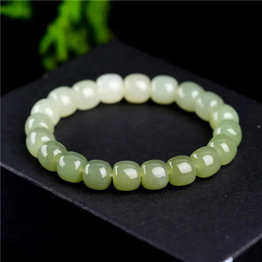 Gelang Giok Nefrit Hetian Gradien Warna Hijau Segar 8m*7mm Nephrite Jade Hetian Bracelet Gradient Fresh Green Color 8m*7mm